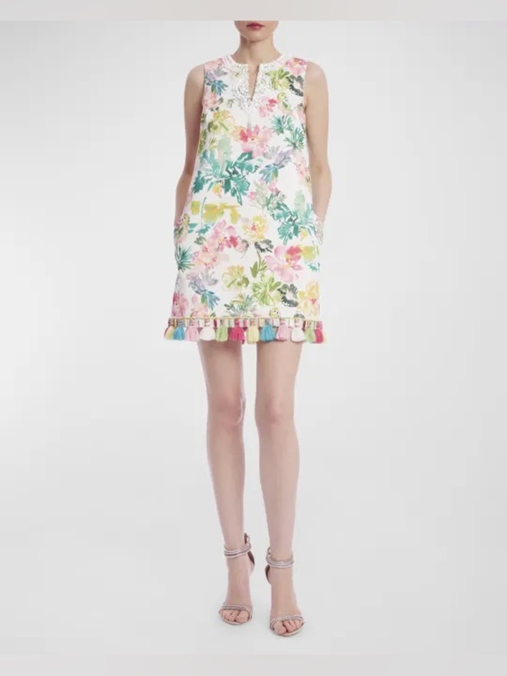 NEW Badgley Mischka Beaded Floral-Print Tassel-Trim Mini Dress size 14